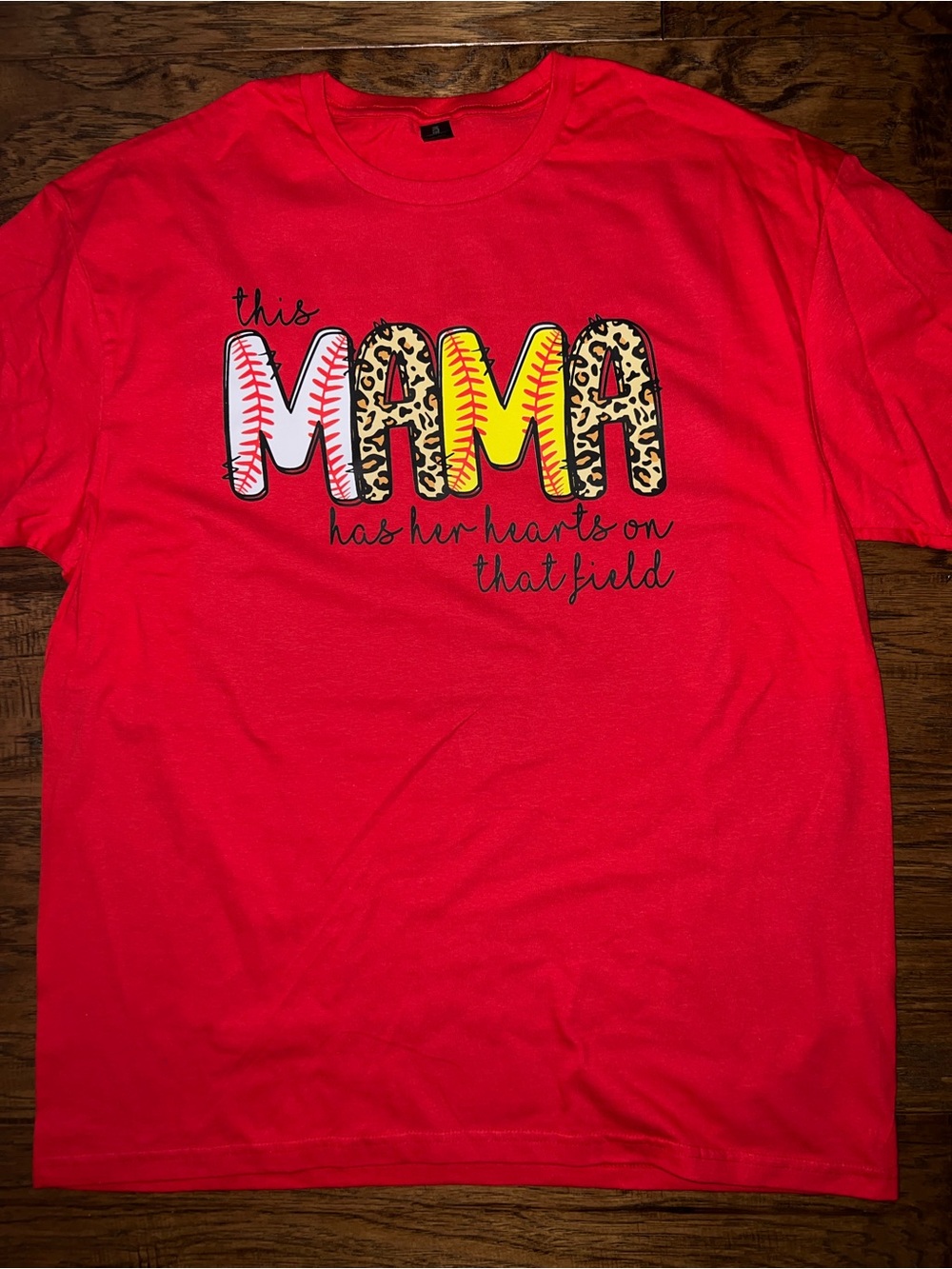 Red 'Mama' Soft Tee with Baseball Graphic
